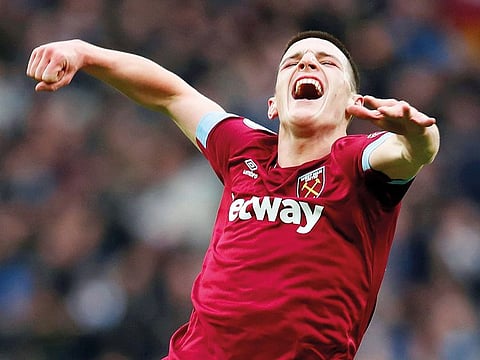 West Ham’s Declan Rice celebrates after the Hammers clinched their first home win over the Gunners in 13 years.