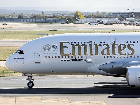 An Airbus SE A380 passenger aircraft, operated by Emirates Airline, taxis on the tarmac.