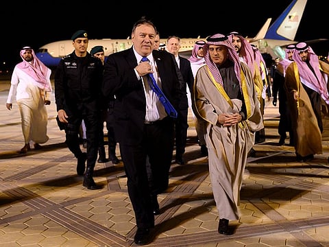 US Secretary of State Mike Pompeo is welcomed by Saudi's Minister of State for Foreign Affairs Adel Al Jubeir in Riyadh, Saudi Arabia January 13, 2019. 