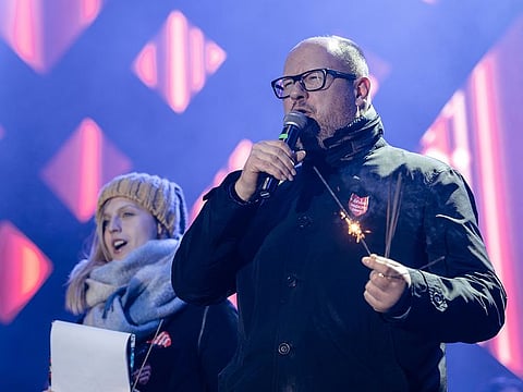 Gdansk's Mayor Pawel Adamowicz speaks before he was stabbed.