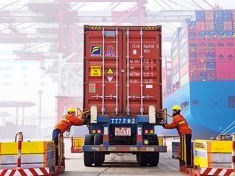 A container at the port in Qingdao, China’s eastern Shandong province, on Monday. 