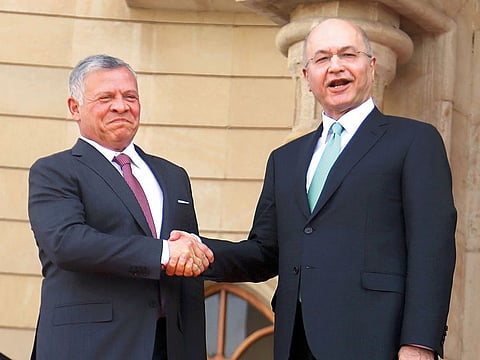 Iraqi President Barham Saleh with visiting Jordanian King Abdullah in Baghdad yesterday.