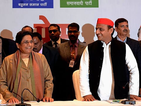 Bahujan Samaj Party leader Mayawati, left, and Samajwadi Party chief Akhilesh Yadav attend a joint press conference in Lucknow, India, Saturday, Jan.12, 2019.