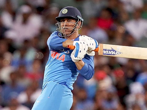 India's M.S. Dhoni plays a shot against Australia during their one day international cricket match in Adelaide, Australia, Tuesday, January 15, 2019. 