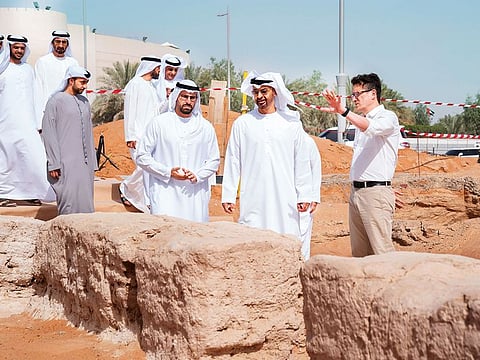 Shaikh Mohammad Bin Zayed being briefed by Dr Peter Magee at the site of the country’s oldest mosque in Al Ain. Mohammad Khalifa Al Mubarak and Saif Saeed Ghobash were present.