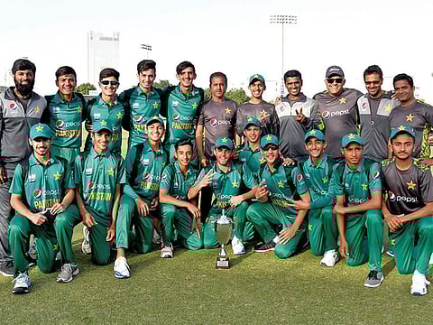 Pakistan Under-16 team that beat Australia to win the Under-16 series at the ICC Academy Pakistan U16 players and Management with the 50-overs ODI series trophy