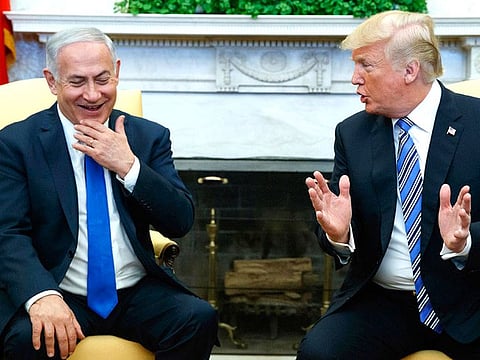U.S. President Donald Trump meets with Israeli Prime Minister Benjamin Netanyahu in the Oval Office.