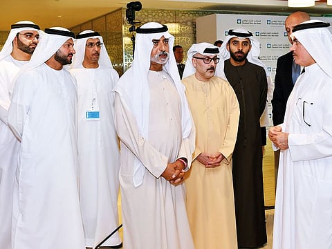 Shaikh Nahayan with Waleed Al Muhairi and officials and doctors at the Cleveland Clinic Abu Dhabi as the hospital celebrates the successful transplants.