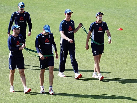 England's Joe Root, Keaton Jennings and team mates during nets at Kensington Oval in Bridgetown, Barbados, on January 21, 2019. 