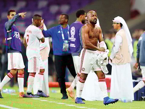 Veteran striker Esmail Mattar celebrates after UAE’s victory over Kyrgyzstan in Abu Dhabi on Monday.