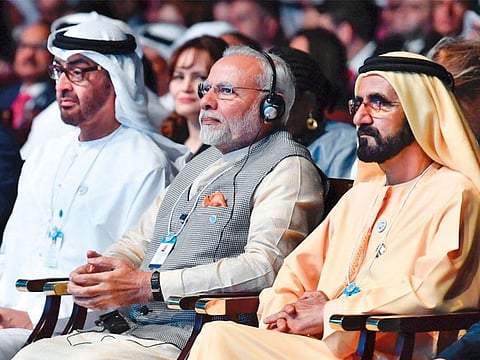 His Highness Shaikh Mohammad Bin Rashid Al Maktoum, Vice-President and Prime Minister of the UAE and Ruler of Dubai, and His Highness Shaikh Mohammad Bin Zayed Al Nahyan, Abu Dhabi Crown Prince and Deputy Supreme Commander of the UAE Armed Forces, with Indian Prime Minister Narendra Modi during a session at the World Government Summit in Dubai last February