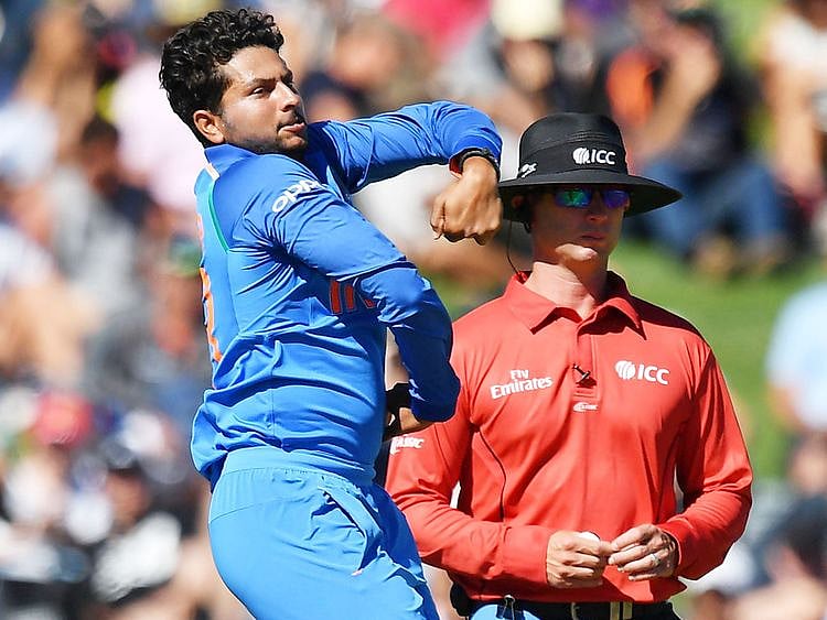 India's Kuldeep Yadav bowls