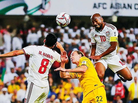 The UAE’s Majid Hassan Ahmad and Esmail Mattar in action against Australia’s Jackson Irvineat. The UAE knocked out defending Asian Cup champions Australia courtesy of a solitary goal.