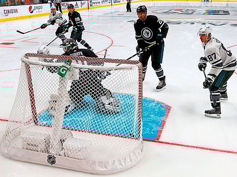 Cam Atkinson #13 of the Columbus Blue Jackets scores a goal during the 2019 Honda NHL All-Star Game at SAP Center