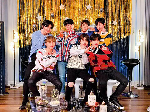 Clockwise from left: So Jung-hwan, Yoon Jaehyuk, Park Jeong-woo,, Kim Jun-kyu, Haruto, Bang Ye-dam and Choi Hyun-suk of YG’s new group.