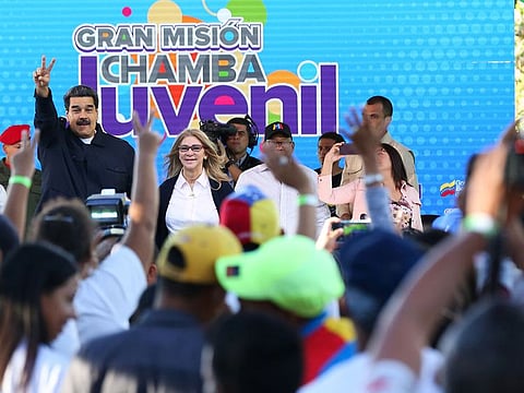 Venezuela’s President Nicolas Maduro attends a meeting with youths in Caracas yesterday. Maduro rejected an international ultimatum to call elections in eight days.