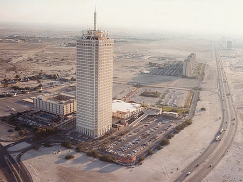 An aerial view of the old Dubai World Trade Centre on Shaikh Zayed Road, Dubai