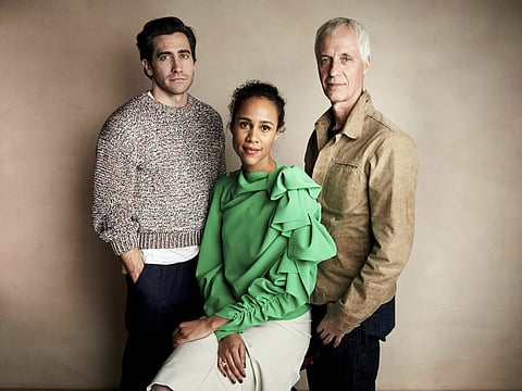 Jake Gyllenhaal, from left, Zawe Ashton and writer/director Dan Gilroy pose for a portrait to promote the film "Velvet Buzzsaw" at the Salesforce Music Lodge during the Sundance Film Festival on Sunday, Jan. 27, 2019, in Park City, Utah.