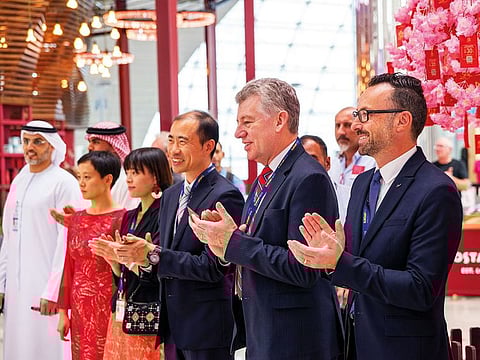 From right: Eugene Barry, Paul Griffiths, Lei Jin, Weiyun Deng, Consular Attache from the Consulate General of the People’s Republic of China in Dubai and Li Wang, director EMEA Ant Financial, Alibaba, at Dubai International Airport.