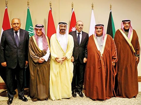 Arab foreign ministers pose after attending informal meetings on the latest regional developments, at the King Hussain Convention Centre at the Dead Sea, Jordan on Thursday.