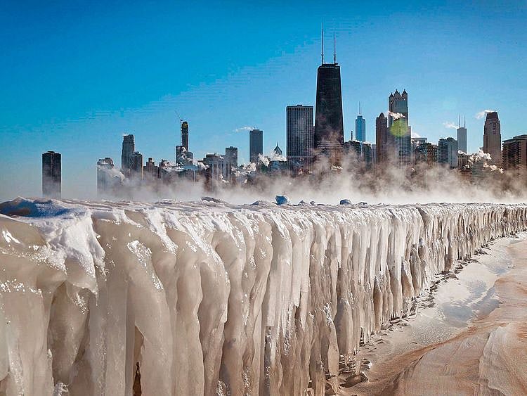 Ice covers the Lake Michigan shoreline