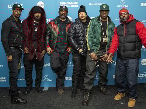 From left, Wu-Tang Clan members RZA, Ghostface Killah, director Sacha Jenkins and Wu-Tang Clan members U-God, Cappadonna and Masta Killa pose at the premiere of "Wu-Tang Clan: Of Mics and Men" during the 2019 Sundance Film Festival, Monday, Jan. 28, 2019, in Park City, Utah. 