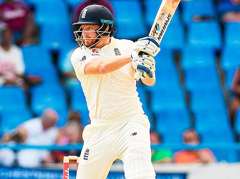 Jonny Bairstow of England hits a boundary during day 1 of the 2nd Test against West Indies at Vivian Richards Cricket Stadium in North Sound, Antigua and Barbuda, on January 31, 2019.  