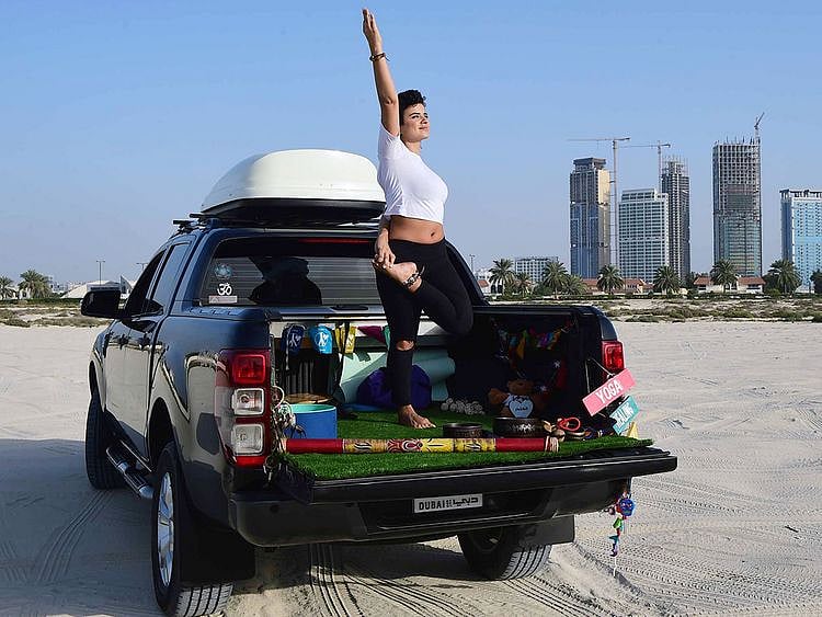 Lina Zoghaib in her Yogi Truck, a mobile studio that connects the practice of yoga and meditation to nature.