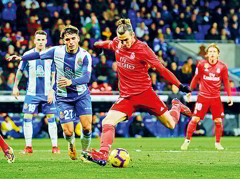 Real Madrid's Gareth Bale scores their fourth goal against Espanyon during the La Liga Santander at RCDE Staeiumin Barcelona, on January 27, 2019.  
