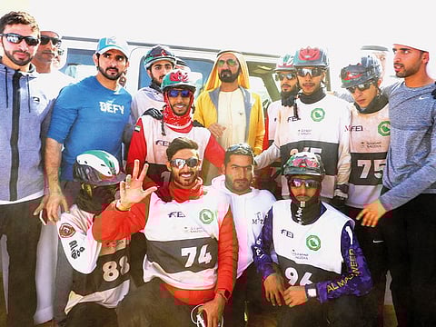 Shaikh Mohammad and Shaikh Hamdan with the winners of The Custodian of the Two Holy Mosques Endurance Cup in Al Ula, Saudi Arabia, yesterday. Below: Shaikh Mohammad and Shaikh Hamdan visit Mada’in Saleh, a key tourist attraction in Saudi Arabia.