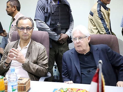 Retired Dutch General Patrick Cammaert, who heads a United Nations team tasked with monitoring a ceasefire between the Iranian-aligned Houthi group and Saudi-backed government forces, sits with the United Nations envoy to Yemen, Martin Griffiths