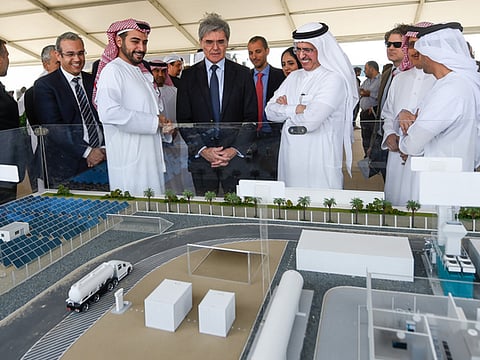 File image: Sheikh Zayed bin Sultan bin Khalifa Al Nahyan, Chairman of the Board of Trustees of Sheikh Sultan bin Khalifa Al Nahyan Humanitarian & Scientific Foundation, accompanied by Dubai Water & Electricity Authority Managing Director and Chief Executive Saeed Mohammad Al Tayer, and Joe Kaeser, CEO, Siemens, during the break ground ceremony for the MENA's first Green Hydrogen Project at Mohammed bin Rashid Al Maktoum Solar Park, in Dubai.