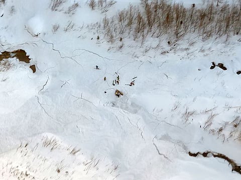 This handout picture released by Corpo Nazionale Soccorso Alpino e Speleologico (CNSAS) shows members of the CNSAS of Aosta Valley working after an avalanche killed 3 freeriders, and as one person is still missing in Canale degli Spagnoli (Spanish Couloir) in Courmayeur, on February 4, 2019. 