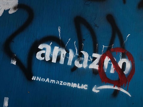 Anti-Amazon graffiti is displayed in the Long Island City neighborhood on February 09, 2019 in New York City. 