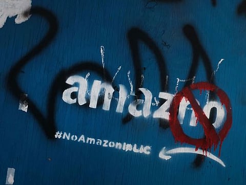 Anti-Amazon graffiti is displayed in the Long Island City neighborhood on February 09, 2019 in New York City. 