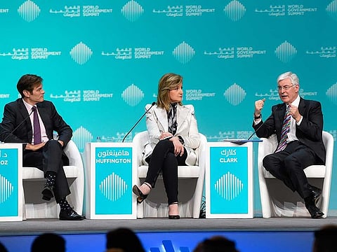 (From left) Dr. Oz (Mehmet Cengiz Öz) Turkish American television personality, Arianna Huffington Founder of The Huffington Post and David M Clark, Professor of Experimental Psychology at University of Oxford,UK at a session on the opening day of  World Government Summit 2019 in Dubai 