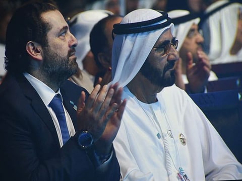 His Highness Shaikh Mohammad bin Rashid Al Maktoum, Vice President and Prime Minister of the United Arab Emirates and Ruler of Dubai, with Saad Hariri, Prime Minister of Lebanon