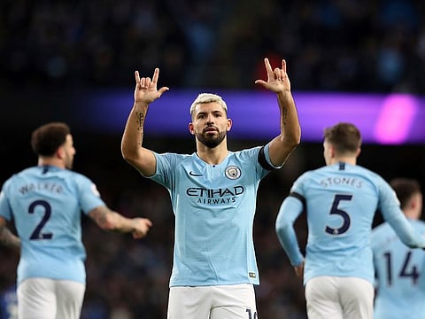 Manchester City's Sergio Aguero celebrates after scoring his side's fifth goal.
