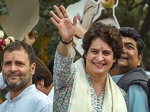 Congress President Rahul Gandhi and All India Congress Committee (AICC) General Secretary of Uttar Pradesh East, Priyanka Gandhi Vadra, during a roadshow, in Lucknow, Monday, Feb. 11, 2019