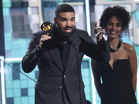 Drake accepts the award for best rap song for "God's Plan" at the 61st annual Grammy Awards on Sunday, Feb. 10, 2019, in Los Angeles.