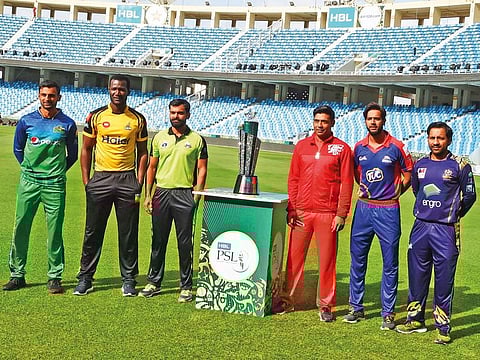 Captains during the trophy unveiling of HBL Pakistan Super League at Dubai International Cricket Stadium on Tuesday. 
