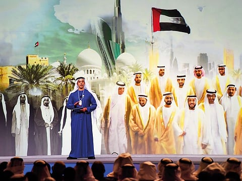 Shaikh Saif speaks at a plenary session on the final day of the World Government Summit.