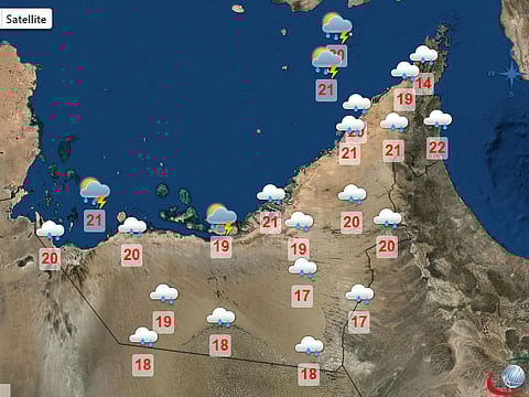 Rain will fall over the entire UAE on Tuesday as weather forecasters expect dust storms to affect the country.