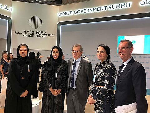 From left: Noora Al Abbar; Mona Al Merri, director-general of Dubai Media Office, Bernardino Leon, Nancy Jamal and Johan Verbeke on the sidelines of the World Government Summit.