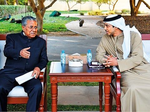Sheikh Mansour bin Zayed Al Nahyan, Deputy Prime Minister and Minister of Presidential Affairs with Pinarayi Vijayan, CM of Kerala.