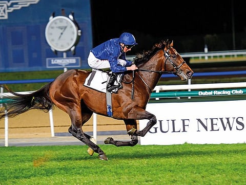 Blue Point, ridden by jockey William Buick wins the Meydan Sprint race sponsored by Gulf News at Meydan on Thursday. 