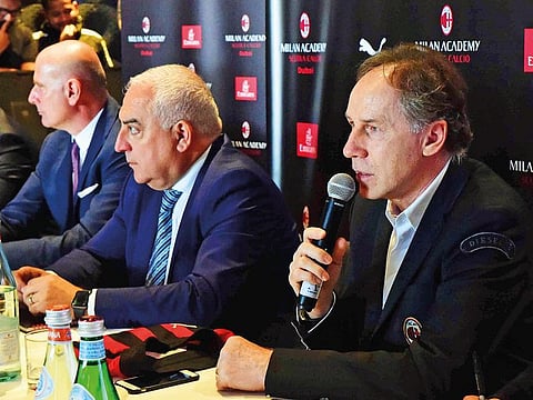 Franco Baresi (right) with senior officials from the AC Milan Academy Dubai during the press conference.