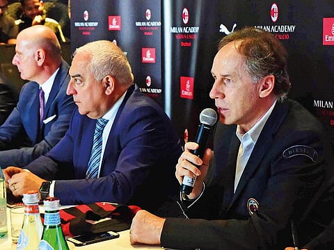 Franco Baresi (right) with senior officials from the AC Milan Academy Dubai during the press conference.