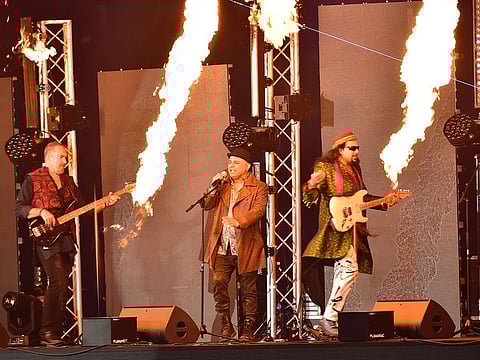 Music band Junoon Sofi perform during the PSL opening ceremony at the Dubai Cricket Stadium. 