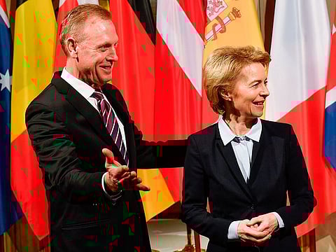 German Defence Minister Ursula von der Leyen (R) and US Secretary of Defence Patrick M. Shanahan (L) react during the D-ISIS meeting of defence minsters at the Hotel Bayerischer Hof prior to the 55th Munich Security Conference (MSC) in Munich, southern Germany, on February 15, 2019. 